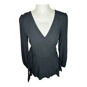 LOFT Women’s XS Black‎ Wrap Blouse With Puffed Shoulders EUC